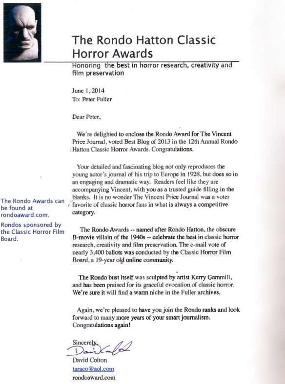 The Vincent Price Journal Best Blog Rondo Award